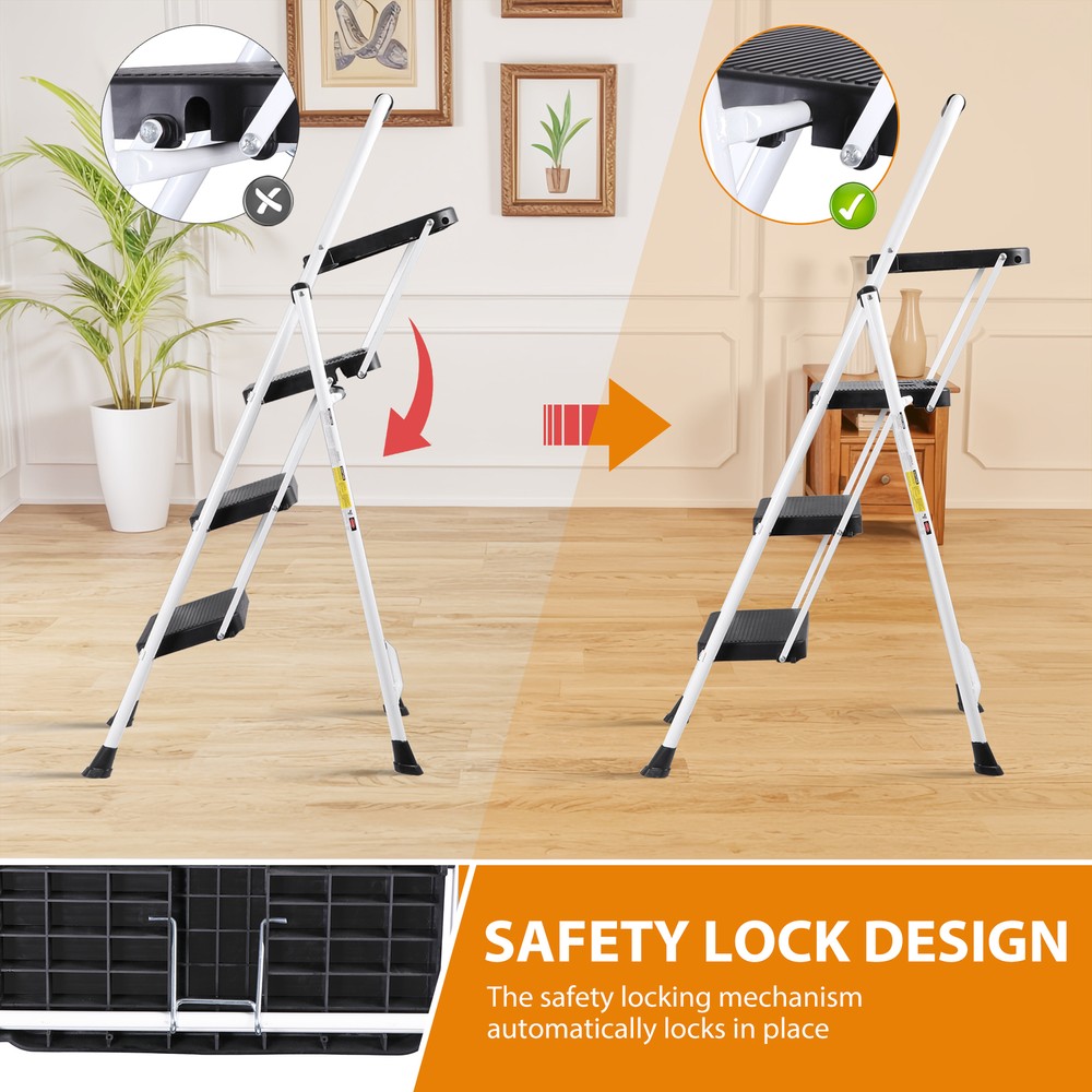 3 Step Ladder with Tool Platform Folding Step Stool with Anti-Slip Pedal White