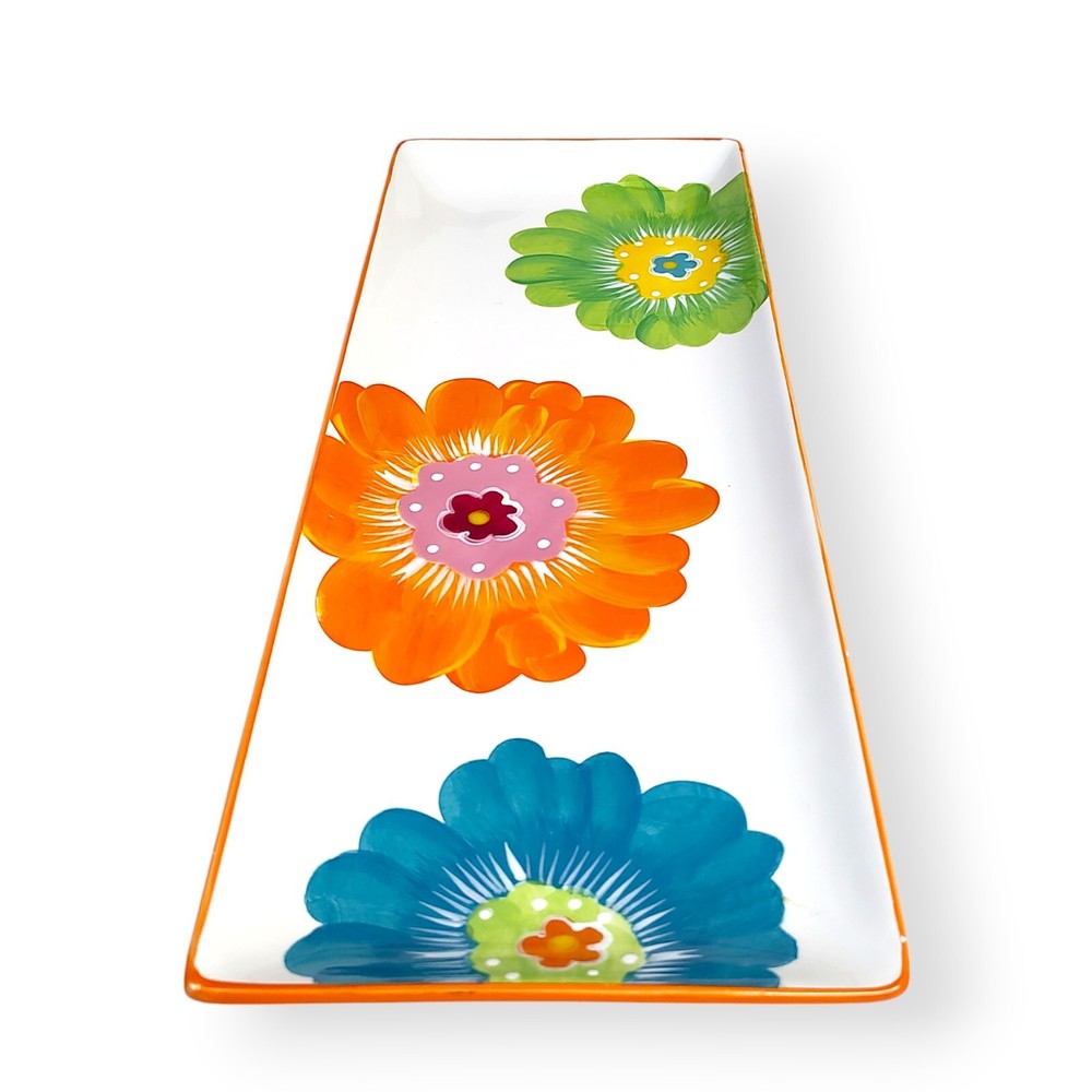 Fresh Decor Ceramic Big Bright Floral Serving Platter Rectangular Flowers 18x7