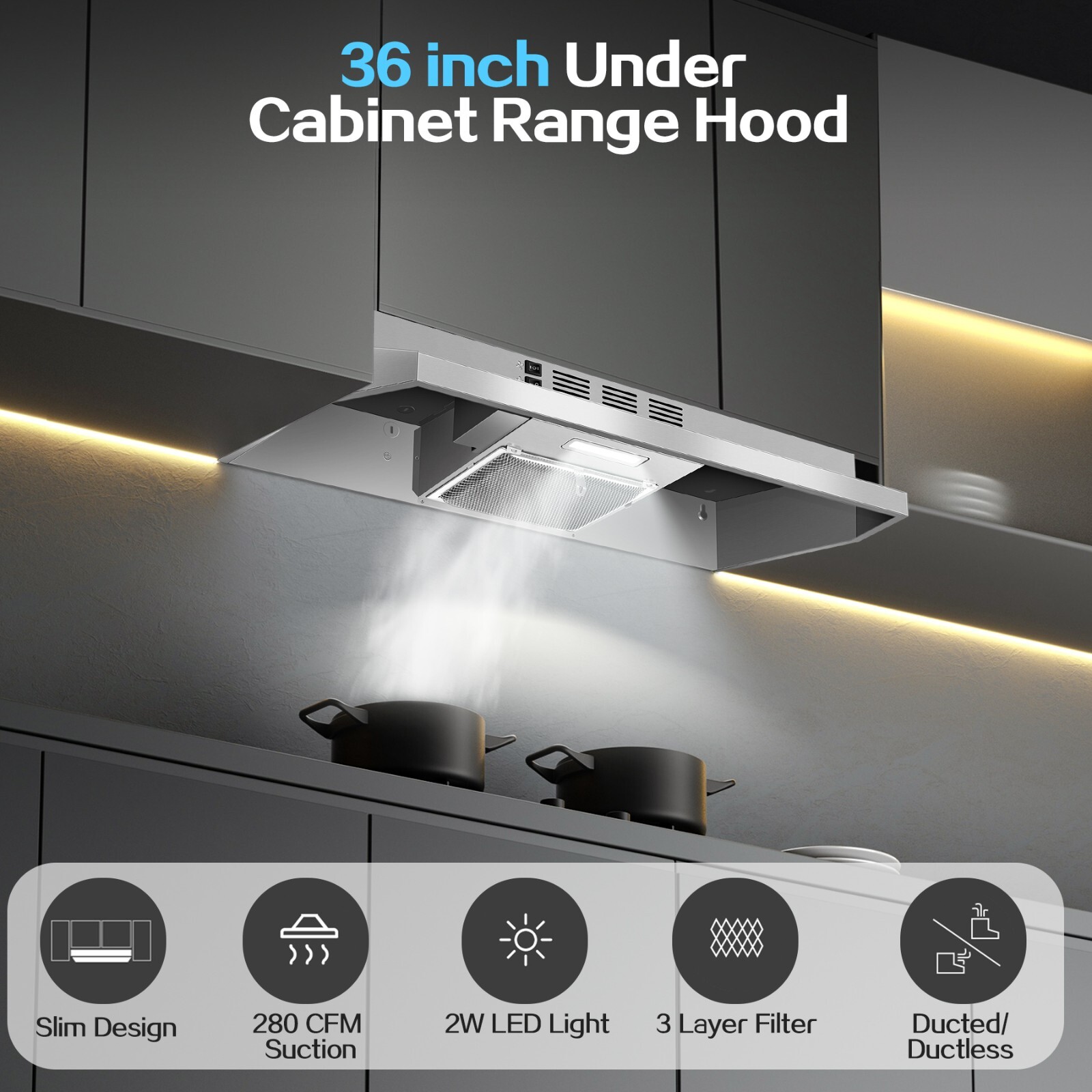 Kitchen 36in Under Cabinet Range Hood 280CFM Cook Fan Stainless Steel w/LED Vent