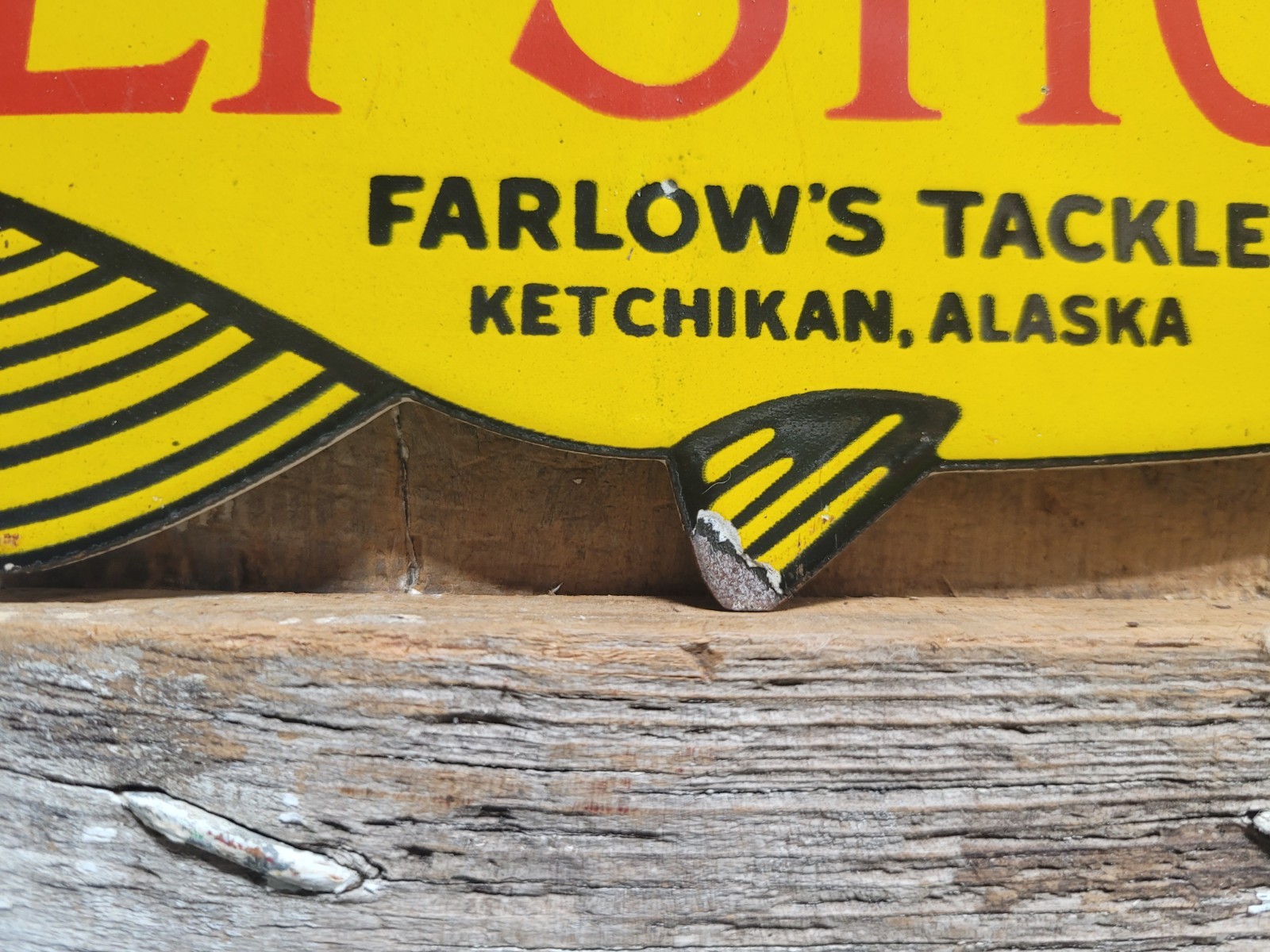 VINTAGE FISH PORCELAIN SIGN OLD FLY SHOP FARLOWS TACKLE KETCHIKAN ALASKA SALMON