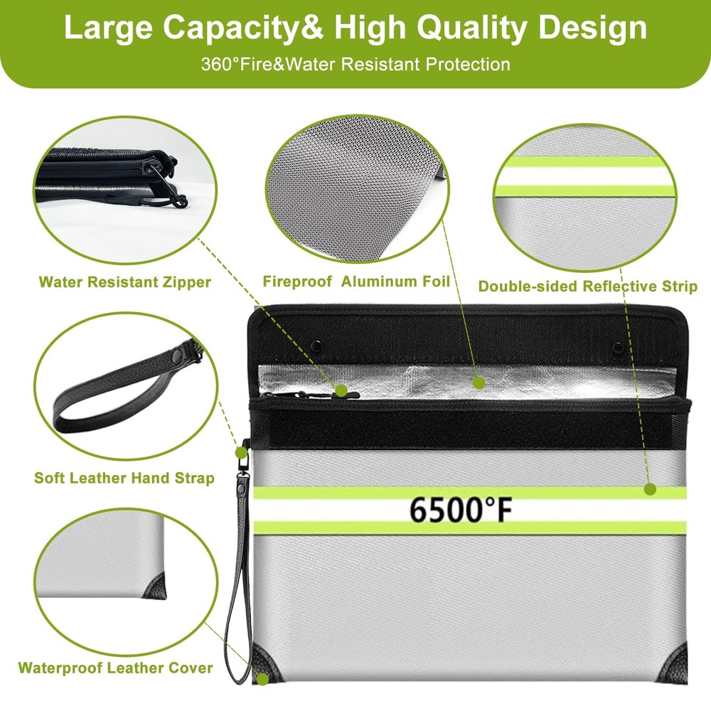 2025 Upgraded Fireproof Document Bag, Lock, 6500F, Waterproof, A4 Letter