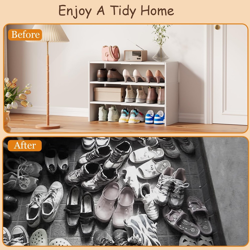 3-Tier Expandable White Shoe Rack Organizer for Closet, Stackable Shoe Racks ...