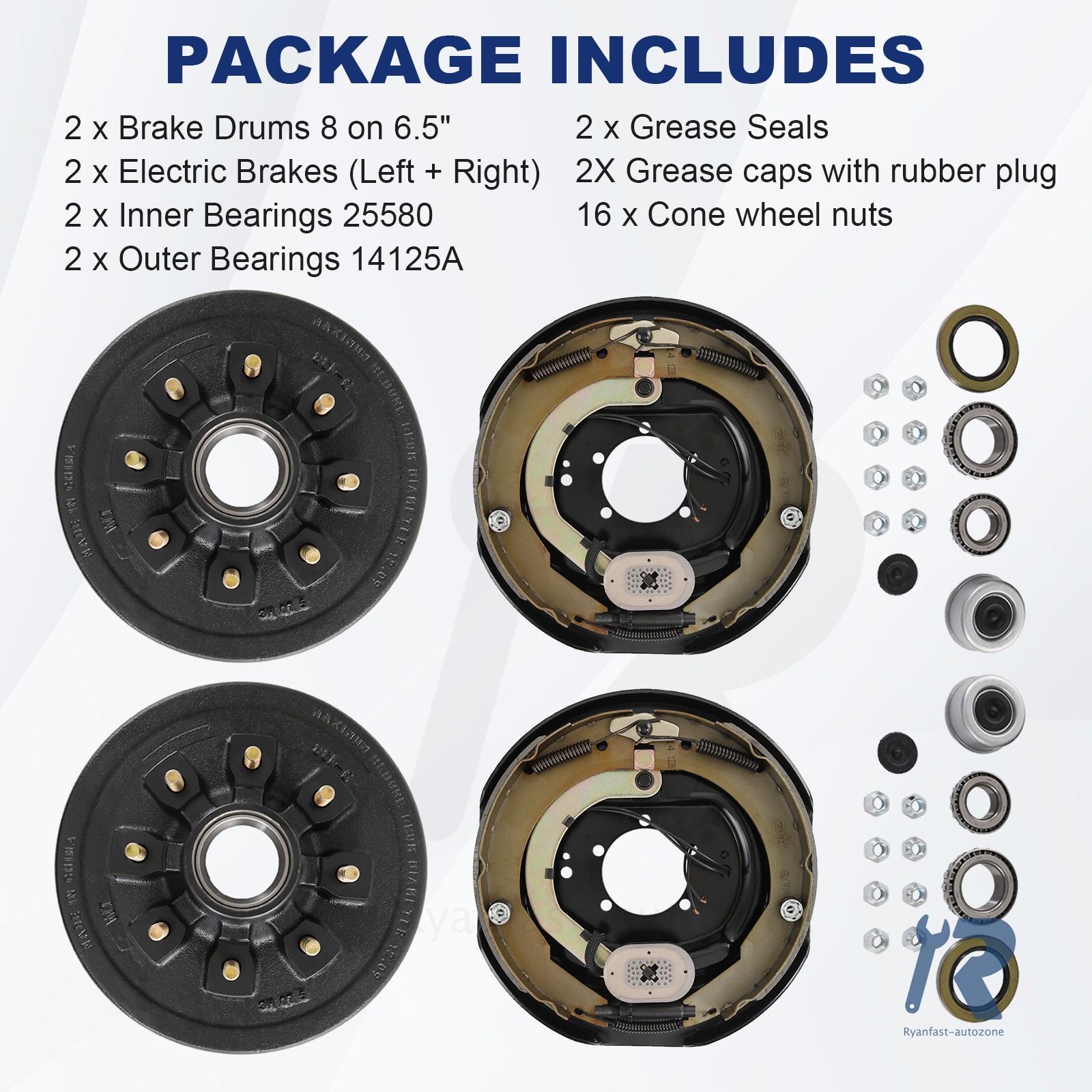 Trailer wheel hub kit 8 on 6.5" Bolt w/ 12" x 2" Left and Right Electric Brake