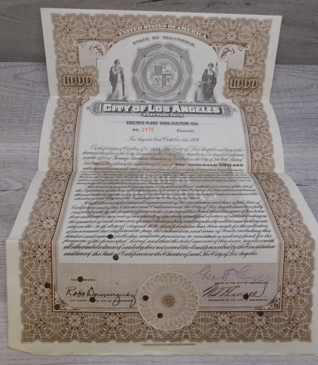 Vintage 1924 California City of Los Angeles Electric Plant Bond Election No 1475
