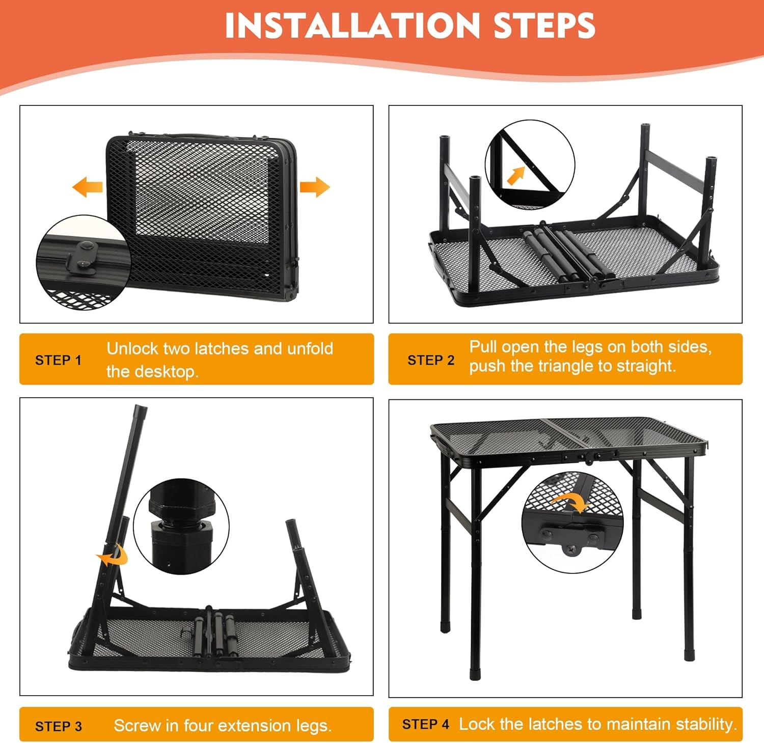 3FT 2-Fold Camping Table with Mesh Desktop Adjustable Height BBQ Grill Table