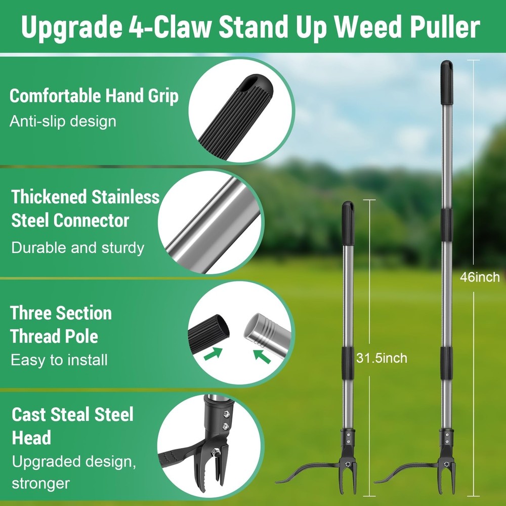 GOXAWEE Weed Puller Tool, 4-Claw Stand Up Weeder with Adjustable 46” Handl