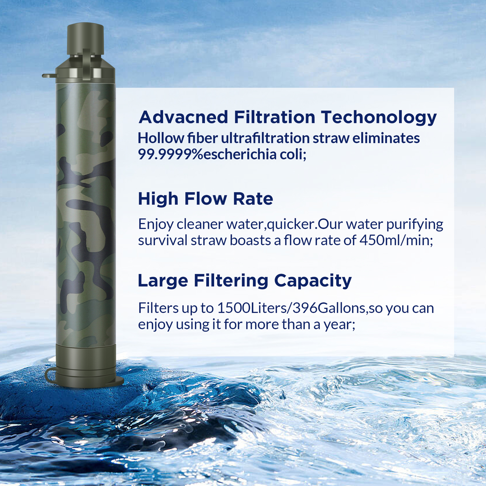 Hand-Pump Water Purification System Portable Water Filter Straws Kit for Camping