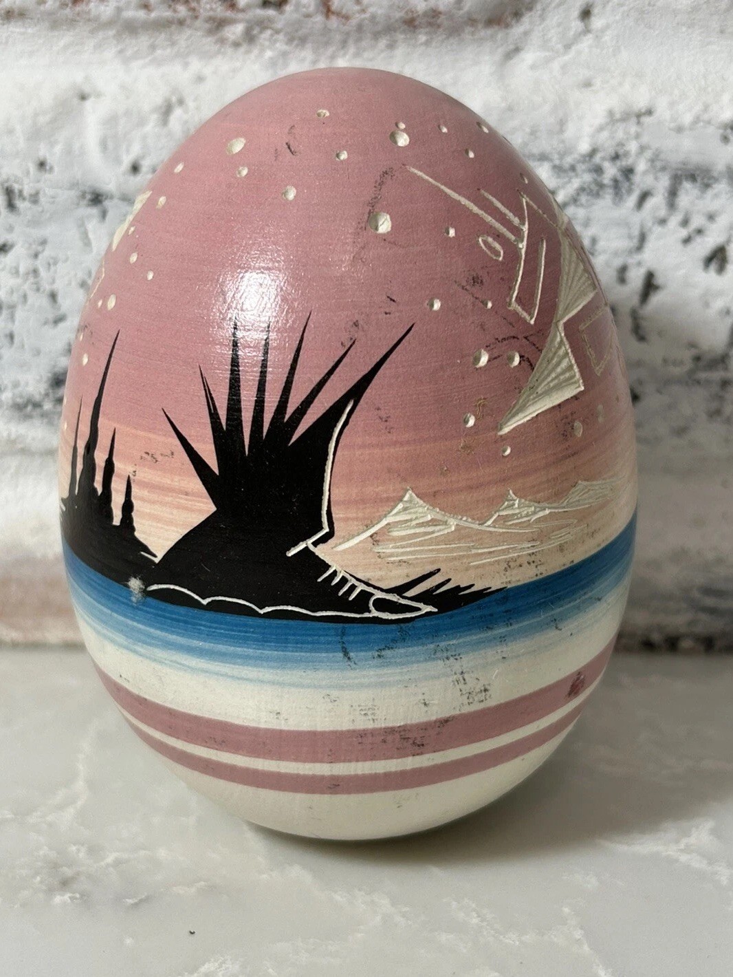 VTG Navajo Keda Dineh Native American Pottery Egg Hand Painted Carved Signed