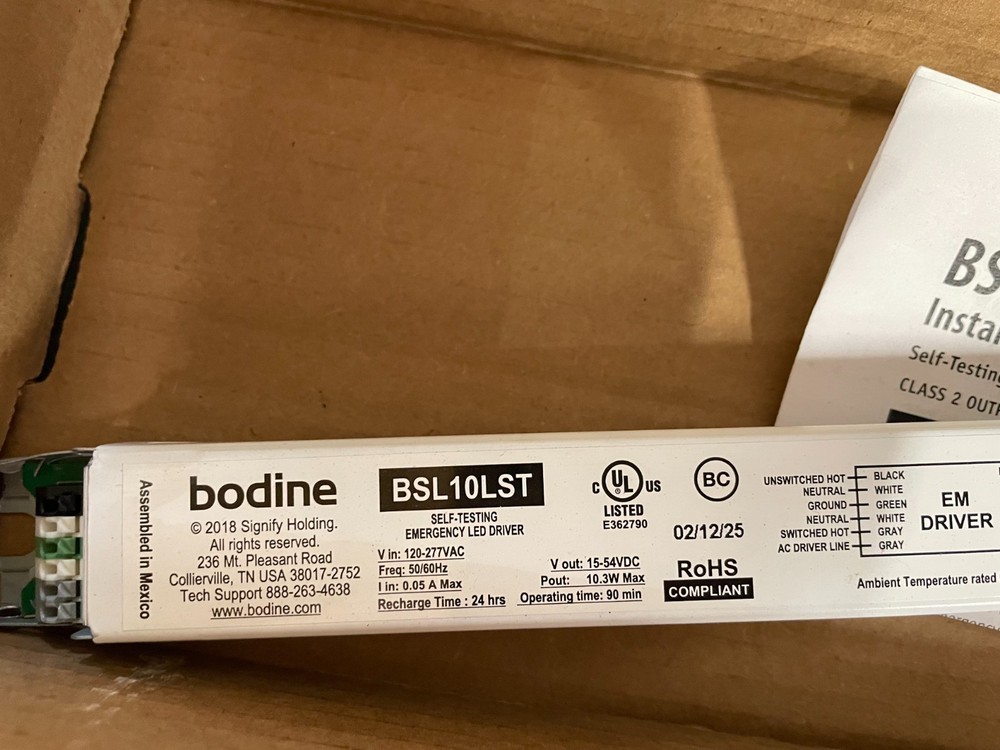 Bodine BSL10LST Self Testing LED Emergency Lighting Driver Class 2 Output New