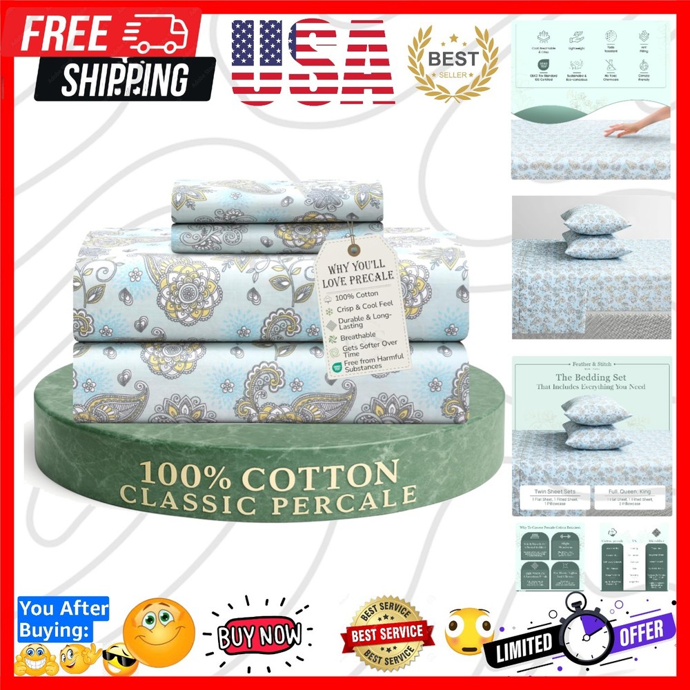 Feather & Stitch Softest 100% Cotton Sheets, 300 Thread Count Percale Weave B...