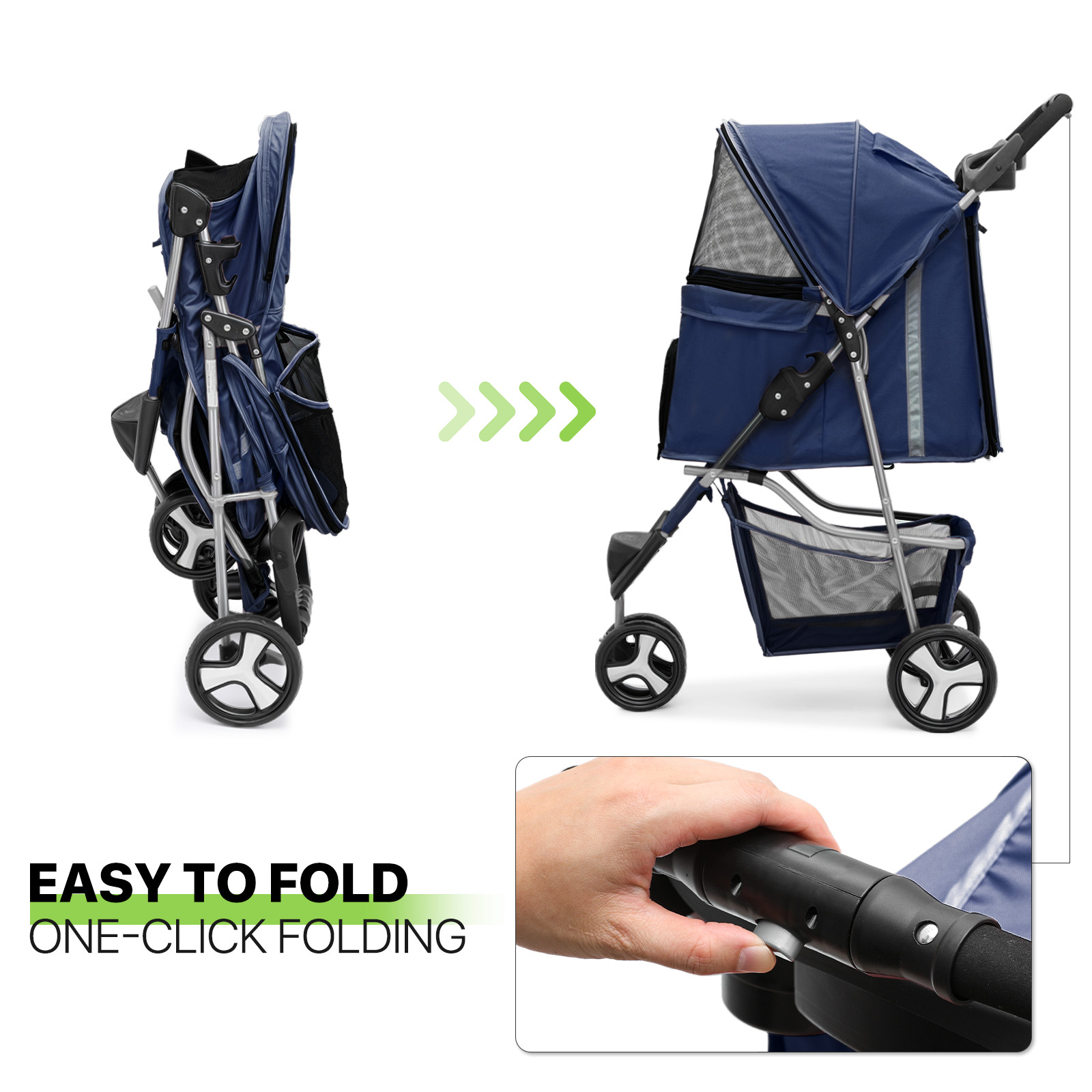 Blue Foldable Dog Stroller Small Medium Pet Travel Cage Carrier Cart w/Sunshade