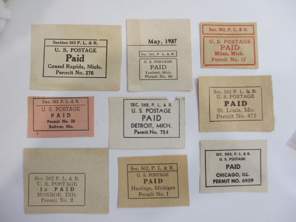 CUT CORNERS   "9   DIFFERENT  PRINTED CUT CORNERS MAILING PERMITS 1937".