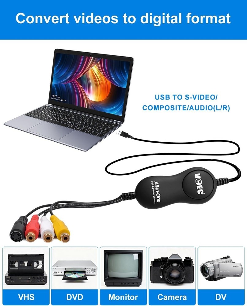 30fps VHS to Digital Conversion Kit with RCA Cable & User Guide for PC/Mac