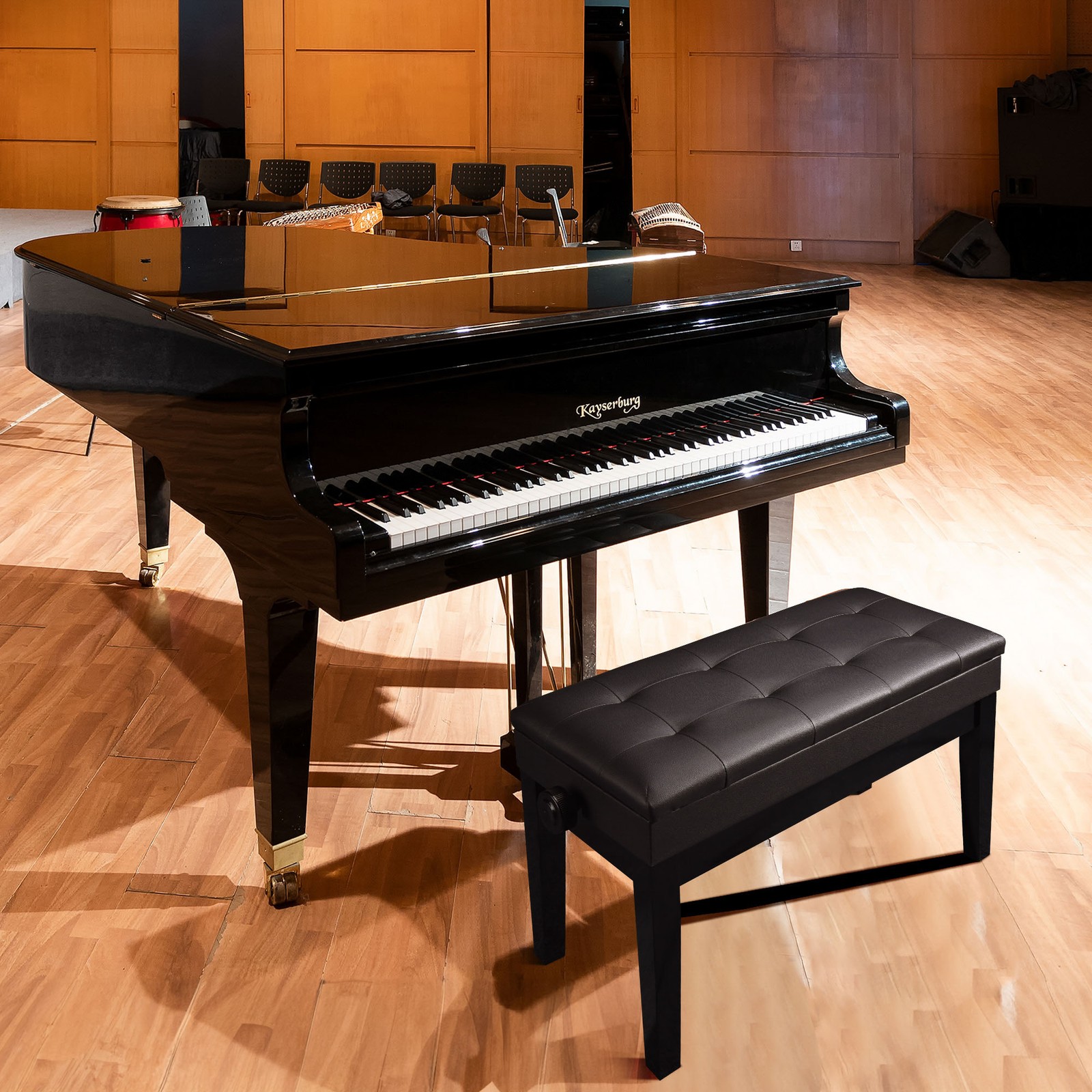 Adjustable Duet Piano Bench w/ Storage PU Leather Padded Wooden Keyboard Stool