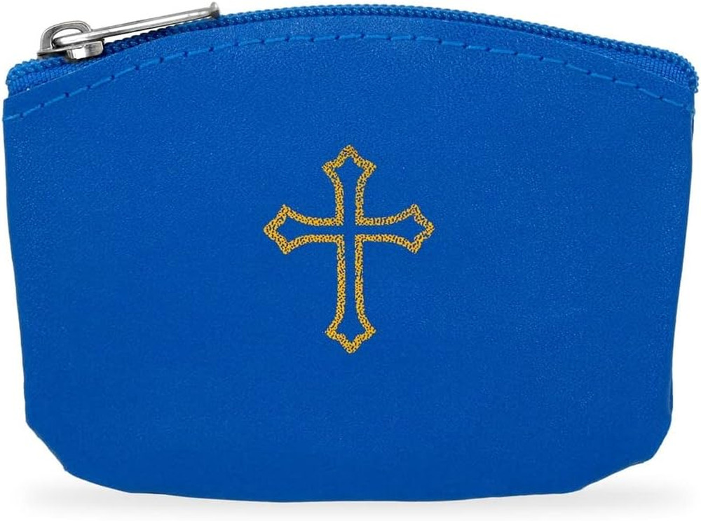 Blue Rosary Pouch with Zipper and Gold Cross Imprint - Genuine Leather Religious