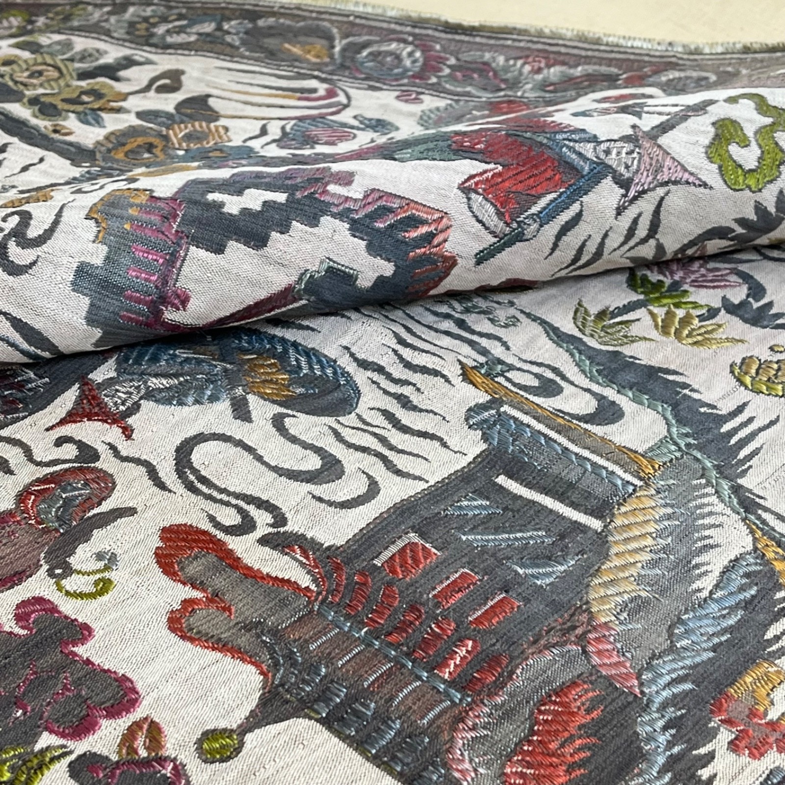 Vintage Asian Silk Hand Embroidered Textile 48 x 17 Panel Runner Pagoda Scene