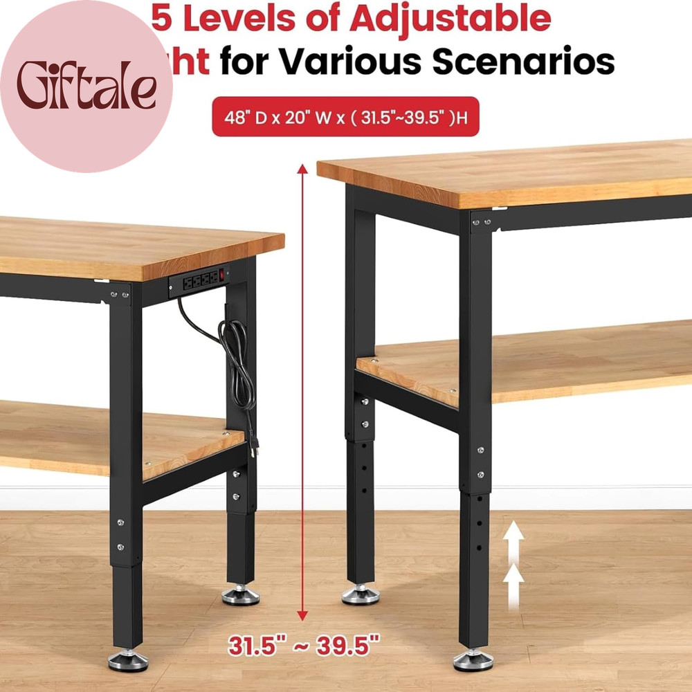 48 Inch Workbench for Garage Adjustable Height Work Bench with under Table Shelf