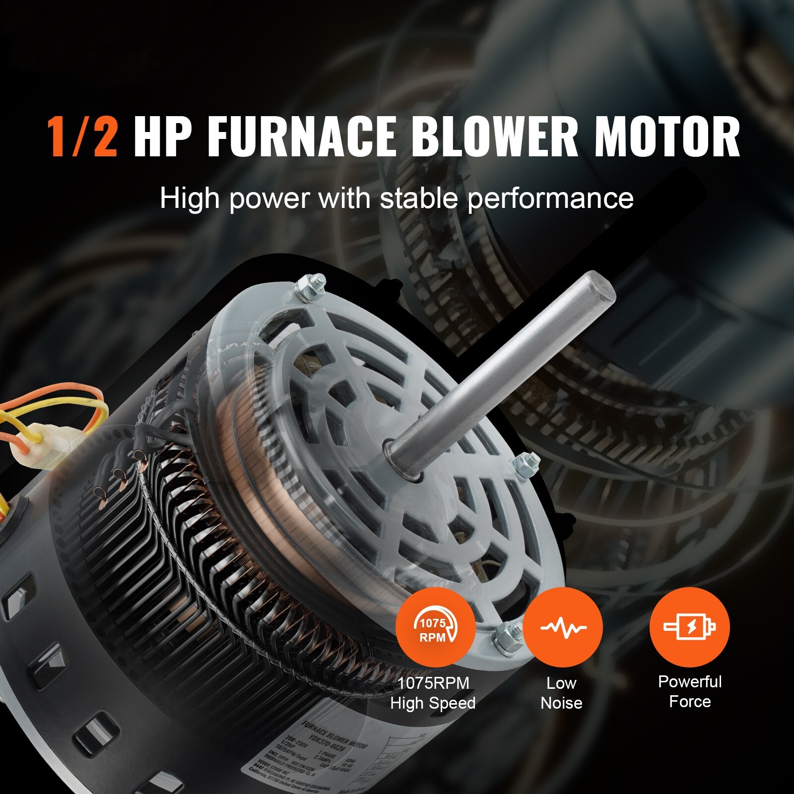 1/2HP Furnace Blower Motor 208-230V 2.7A 1075RPM 5 Speeds 48 Frame 1 Phase