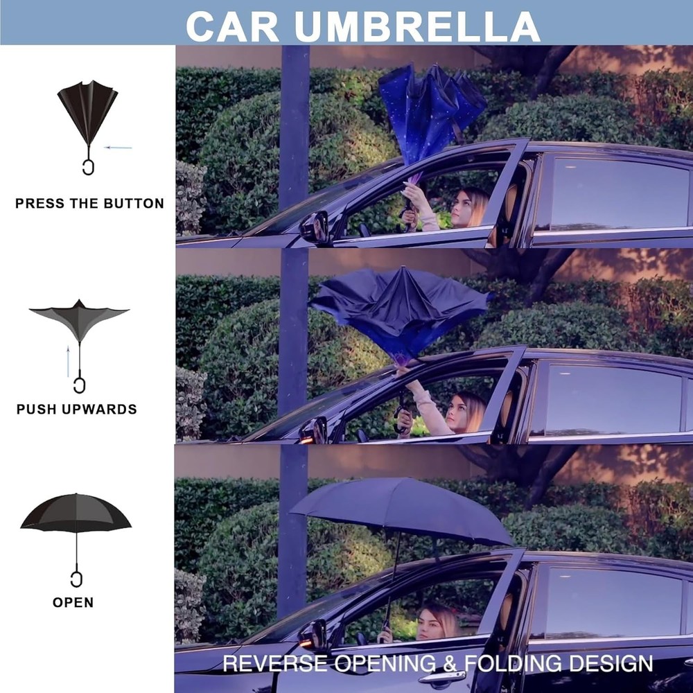 Inverted Reverse Upside Down Umbrella Double Canopy Vented Windproof Waterproof