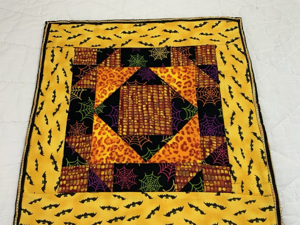 Hand Made Patchwork Quilt Table Topper, Fall, Halloween, Triangles & Squares