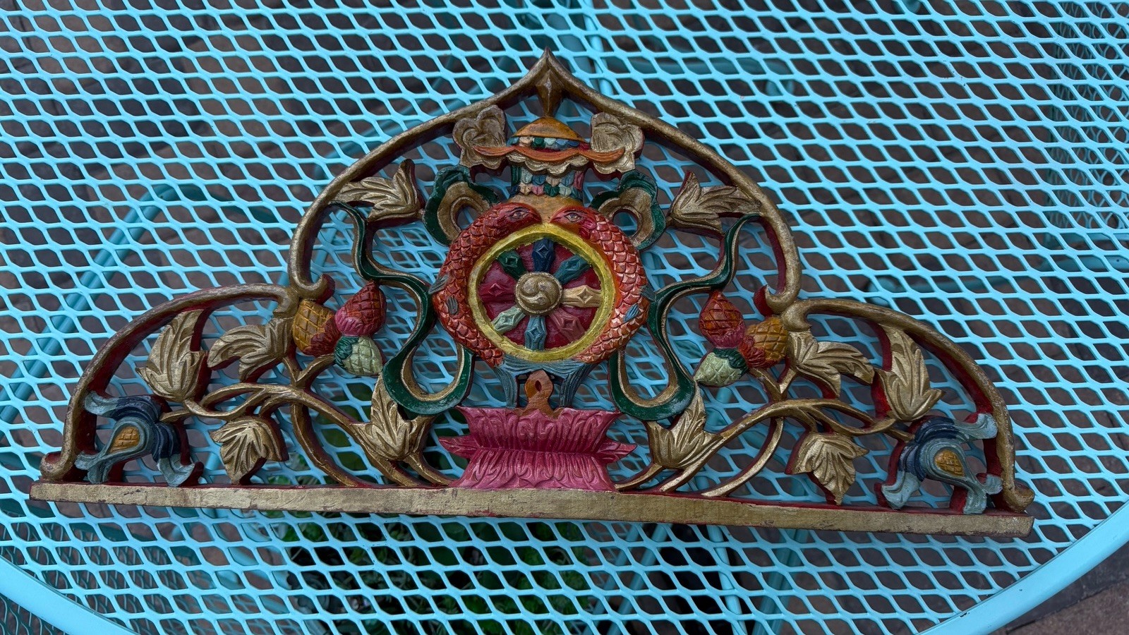 Vintage Tibetan Buddhist Traditional Hand Carved Painted Wood Door Topper (?)