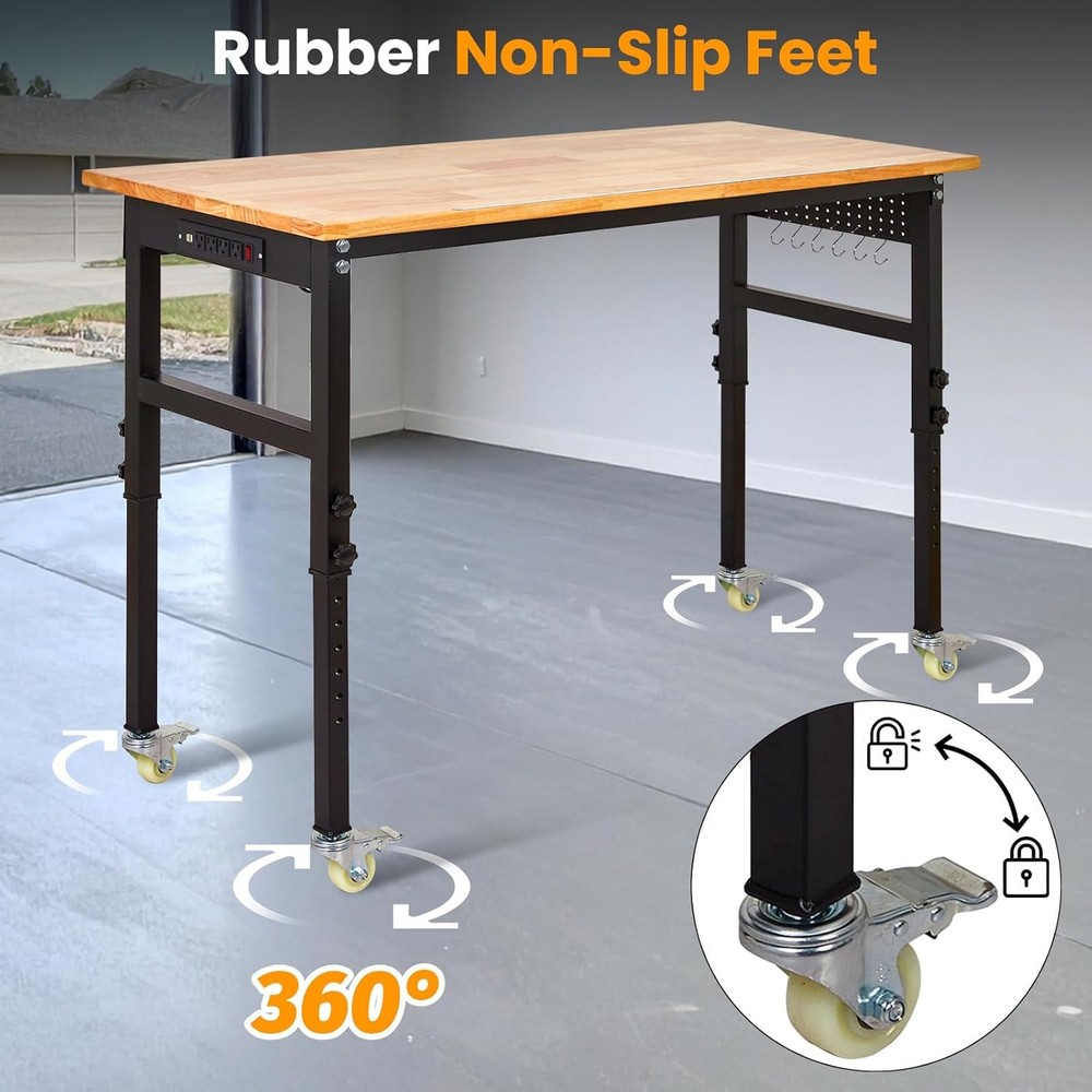 60'' Adjustable Workbench with Power Outlet Heavy Duty Work Table for Workshop