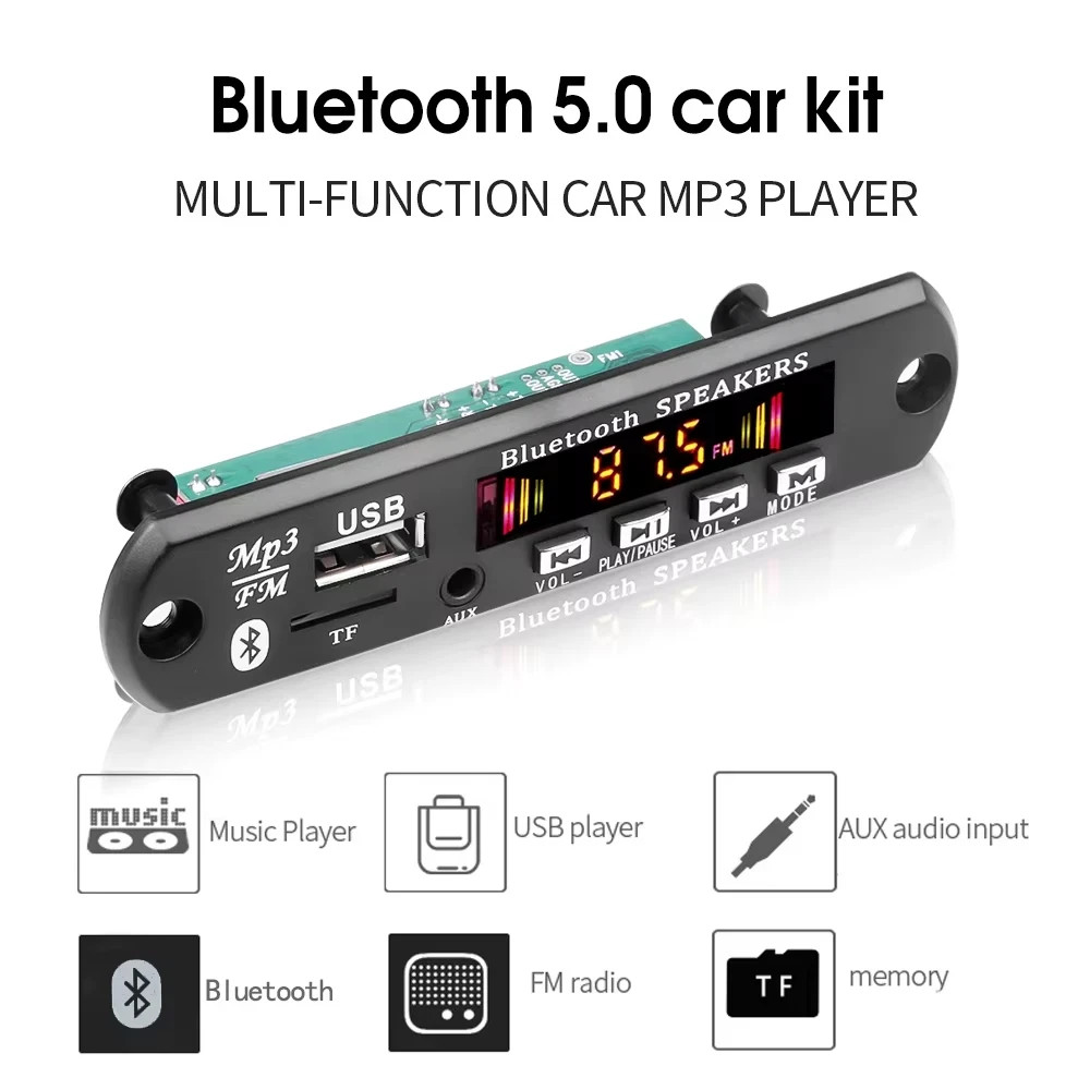MP3 Decoder Board Bluetooth 5.0 Car MP3 Player USB Recording Module FM AUX Radio