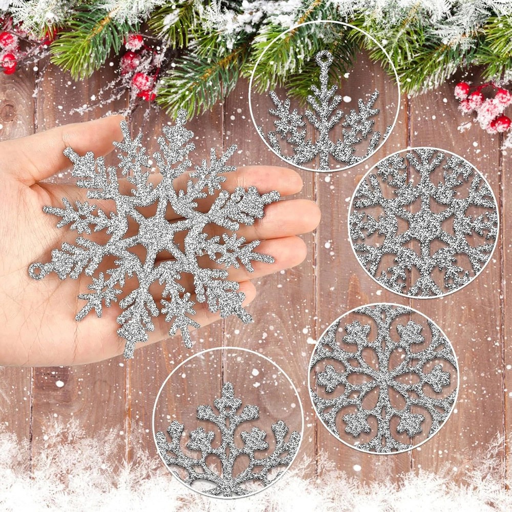 36pc Silver Glitter Snowflake Ornaments Hanging Plastic Christmas Tree Decor