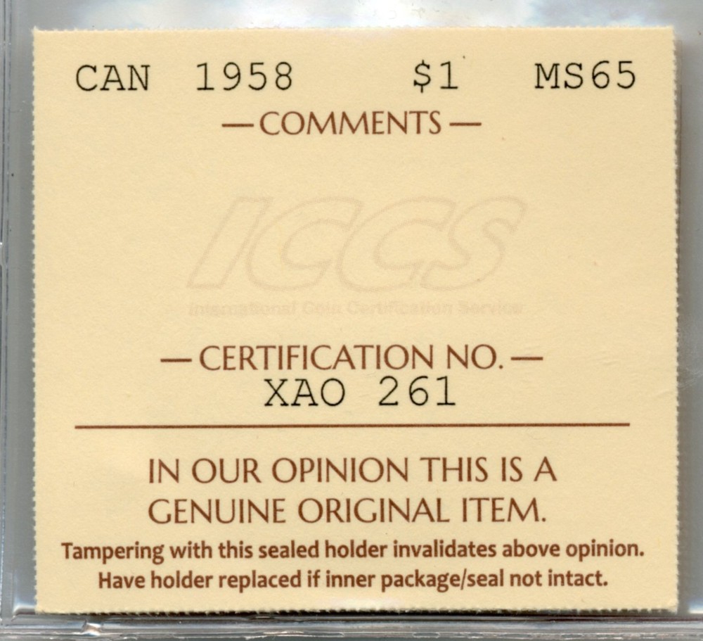 1958 Canada Silver Dollar - GEM Uncirculated, ICCS MS65