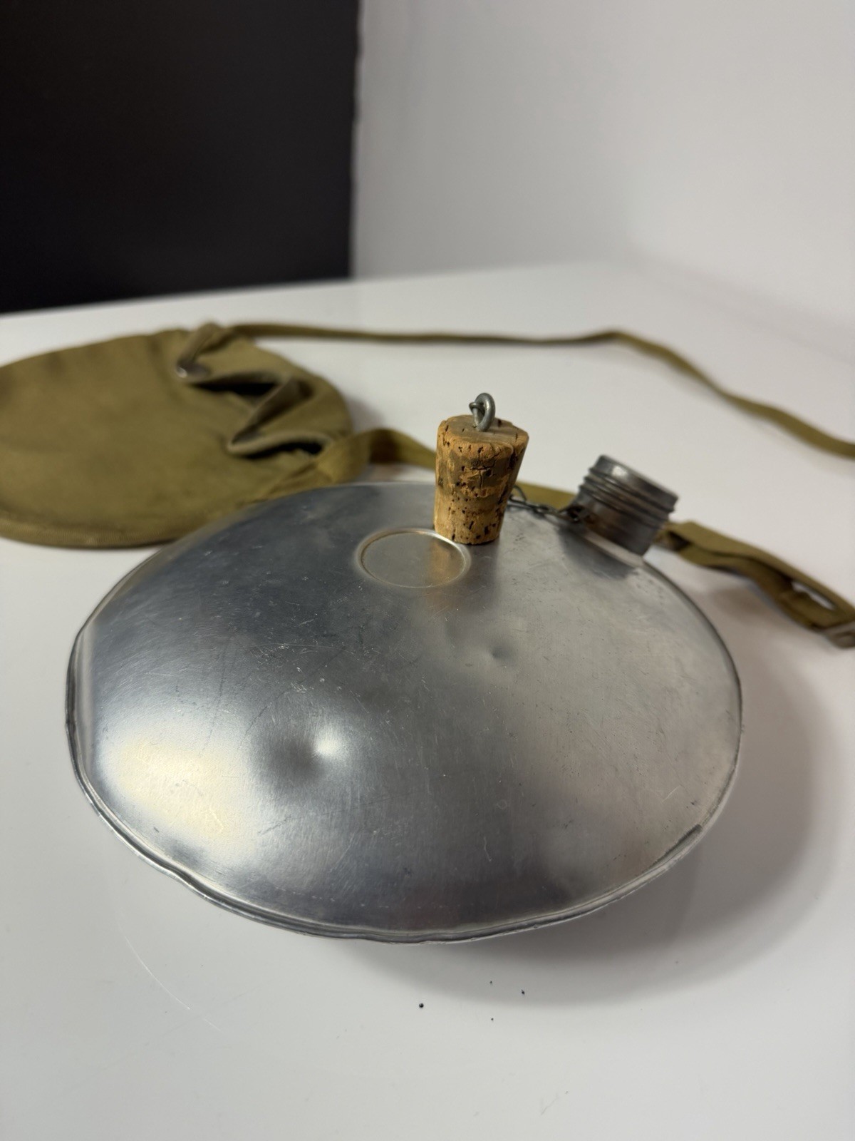 Vintage Military Metal Canteen W/Cloth Carrier, Cork Stop, Adjustable Strap