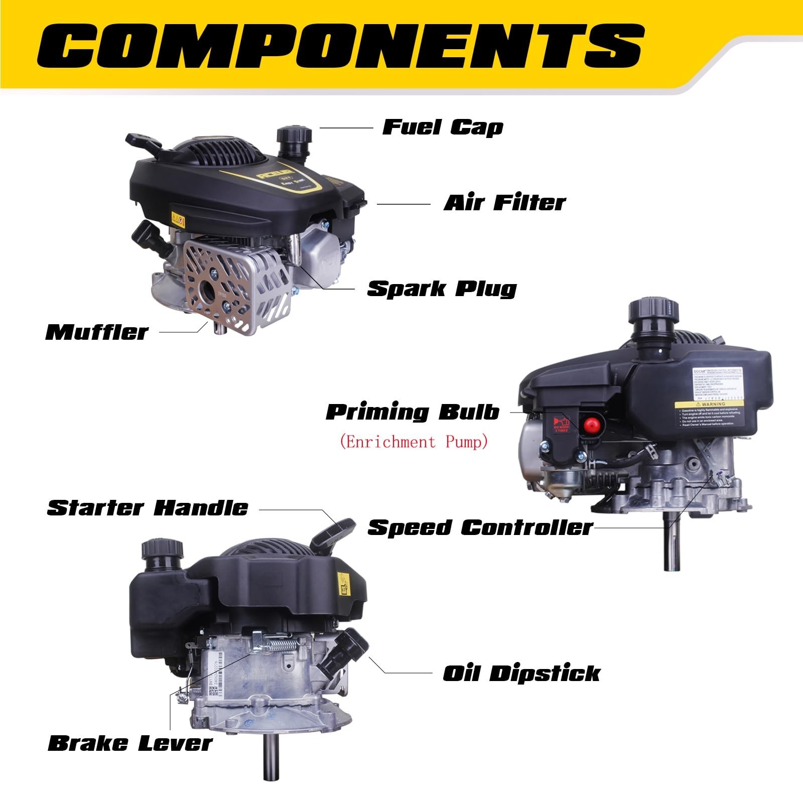 Aceup Energy 4.4HP 173cc Gas Engine Vertical Shaft 4-Stroke OHV Motor w/ Primer