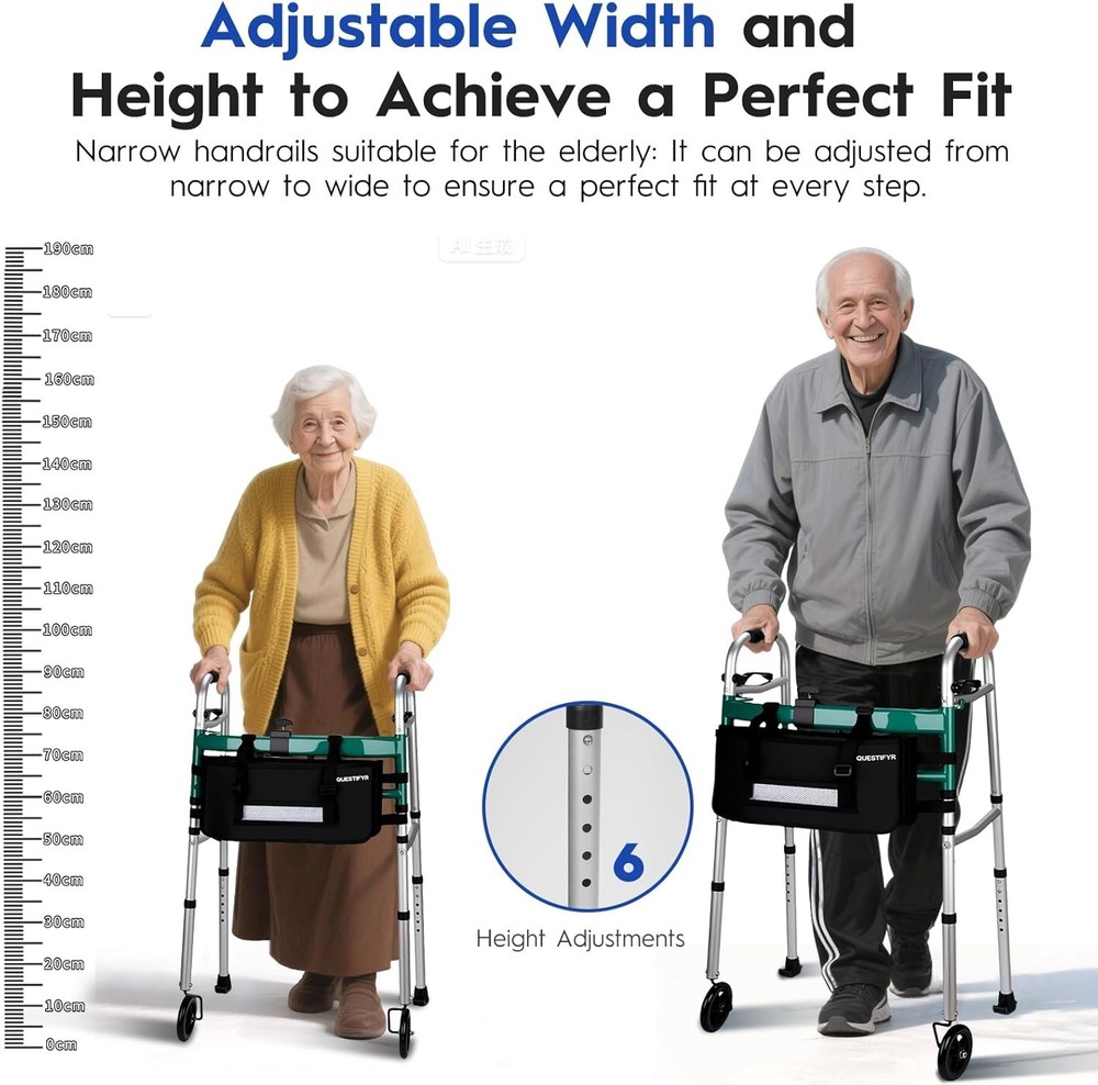 Foldable Walker with 360° Swivel Wheels & Motion Sensor Light, Lightweight Ad...