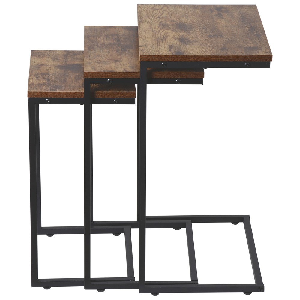 Nesting Coffee Table Set of 3 Stacking C-Shape Accent End Table with Metal Frame