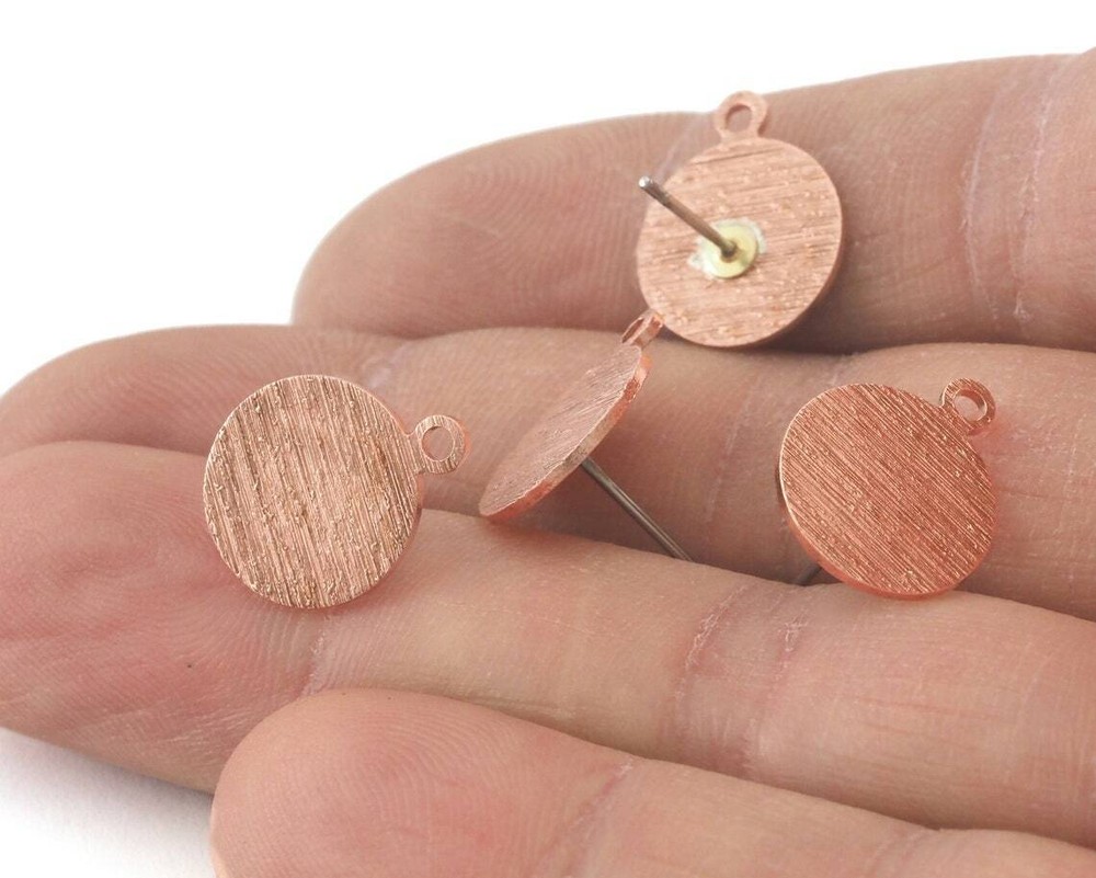 1 pair Brushed Earring Stud Posts 1 loop Circle Raw Copper 15x12mm 3980