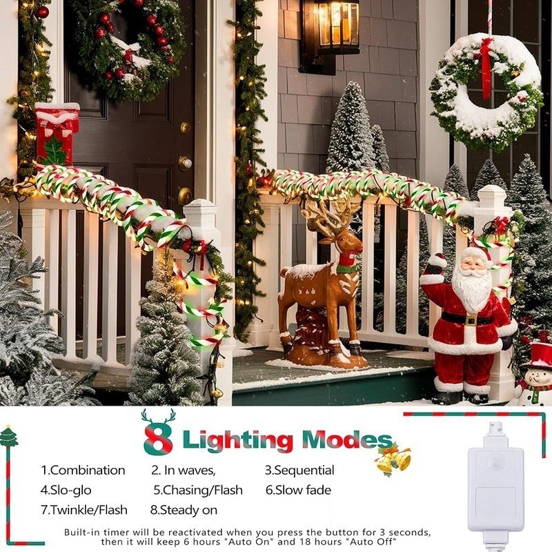 Candy Cane Christmas Rope Lights Waterproof LED String Light Timer 8 Modes Decor