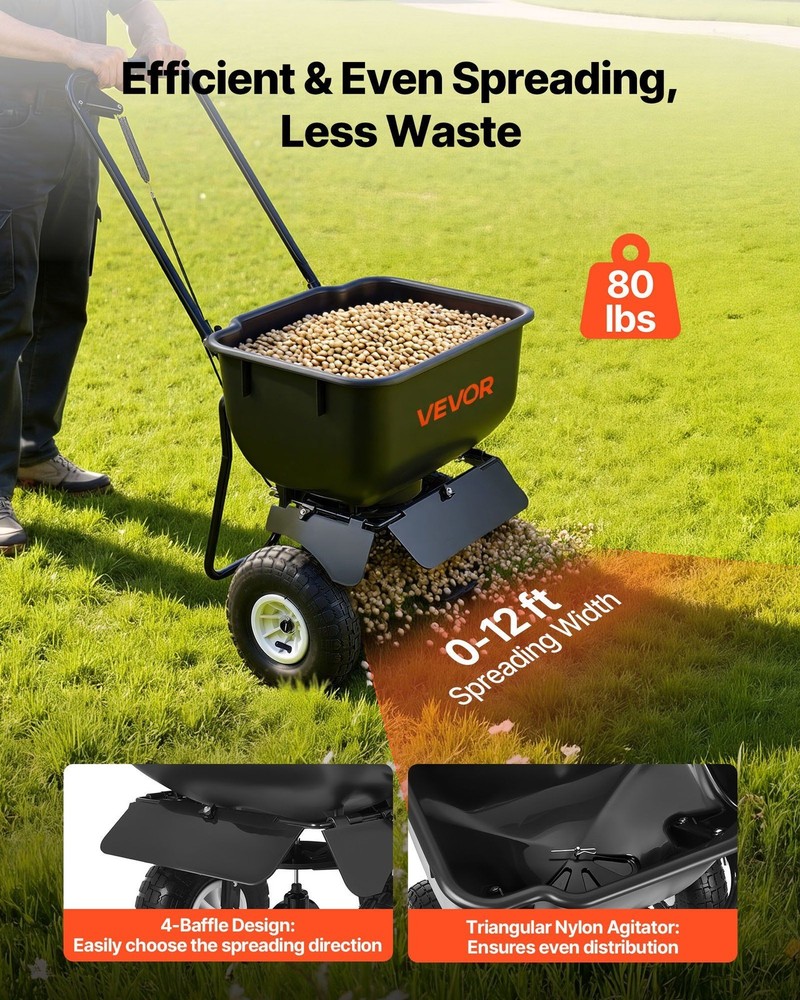 Push Lawn Spreader, 12ft Spreading Width, Broadcast Spreader with 80lbs Load