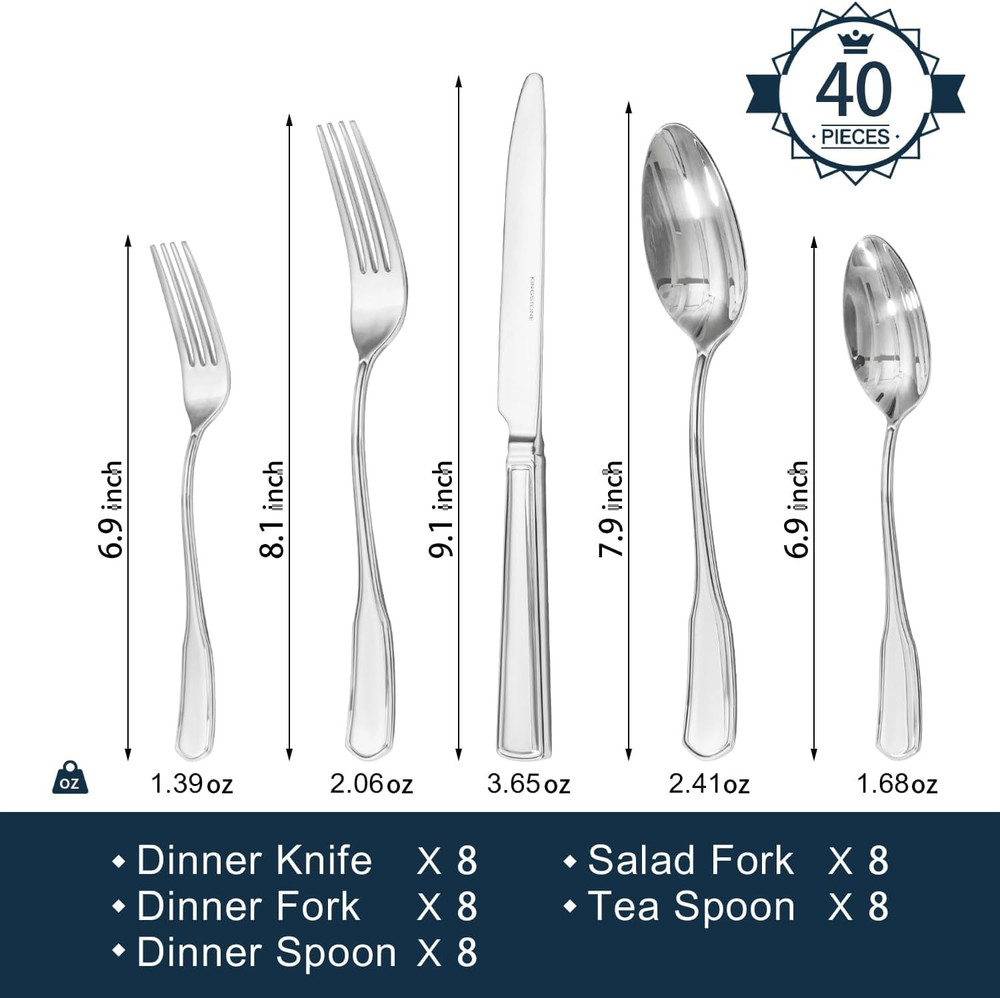 40-Piece Silverware Set, 18/10 Stainless Steel Flatware Set for 8, Tableware Cut