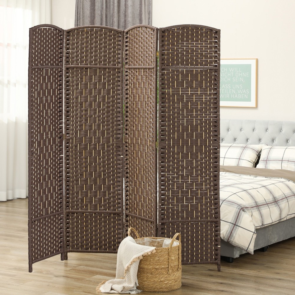 4 Panel Room Divider Hand-Woven Freestanding Partition, Brown
