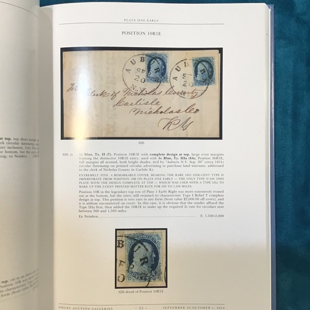 Siegel 994 Wagshaw Part 2 1851-1856 One Cent Imperforate Collection (2010)