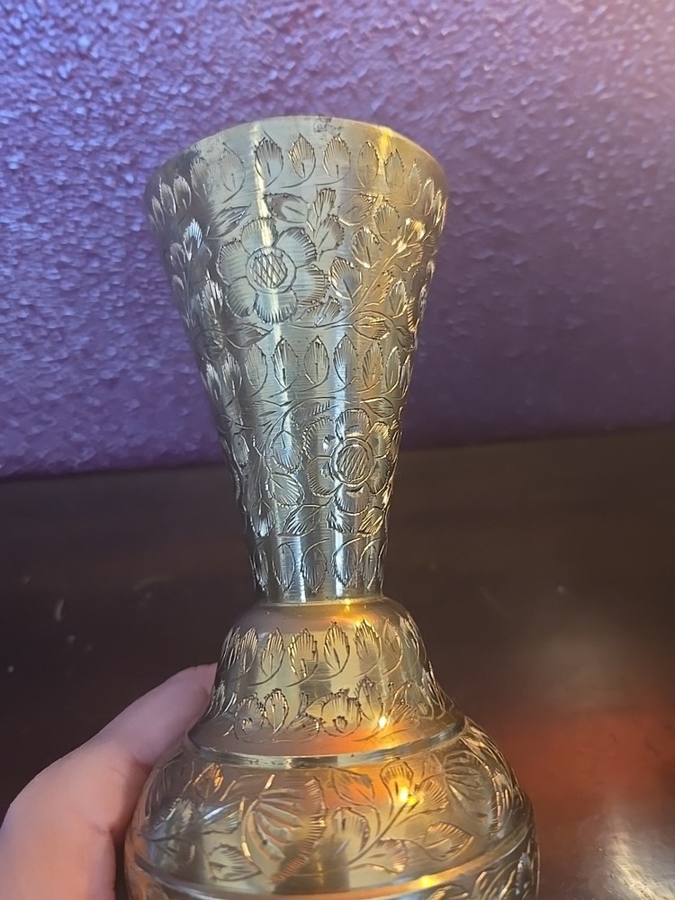 Antique Kasmiri Style Etched Solid Brass Fluted Vase India Makers Msrk On Bottom