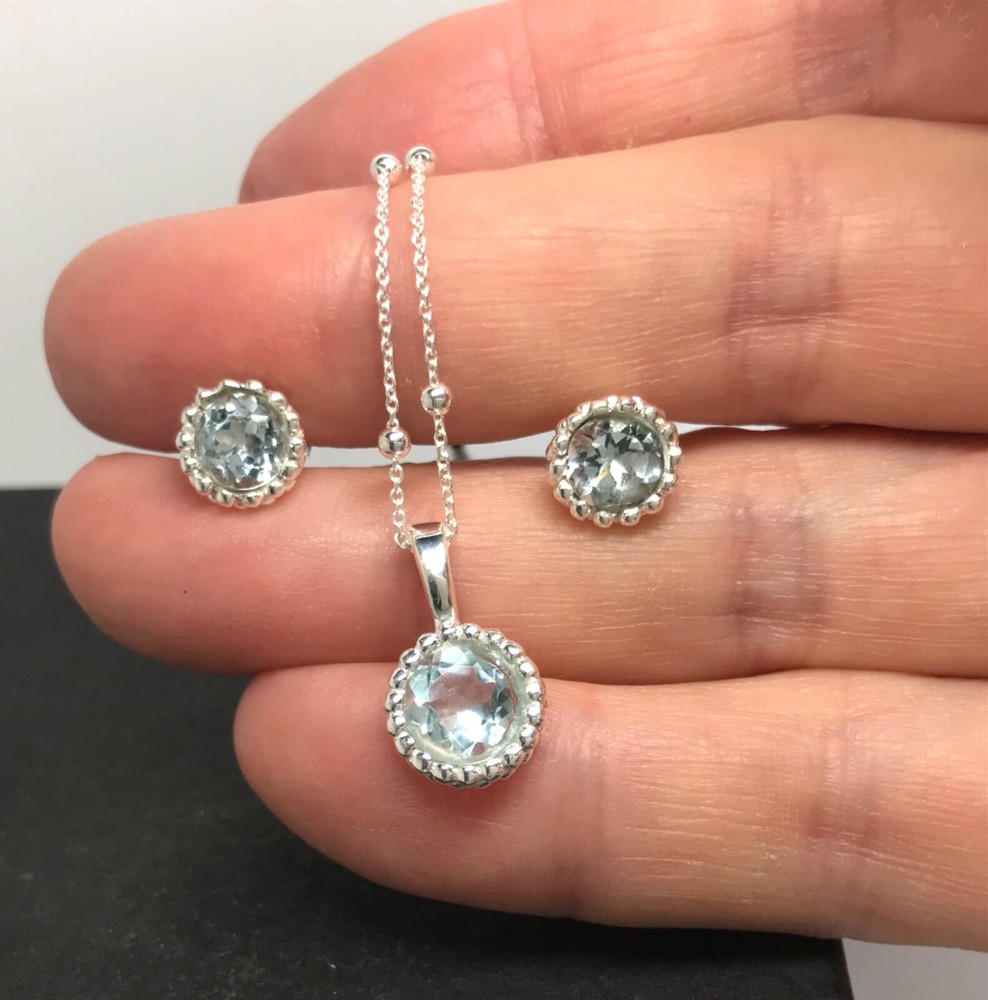 Blue topaz round pendant stud earrings set solid Sterling silver satellite chain