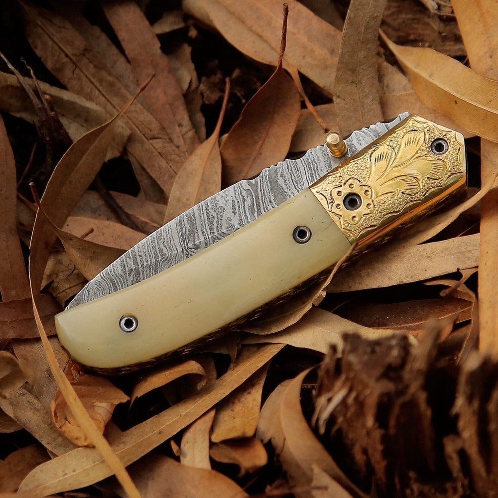 Custom Handmade Folding Blade Knife (Camel Bone Handle)