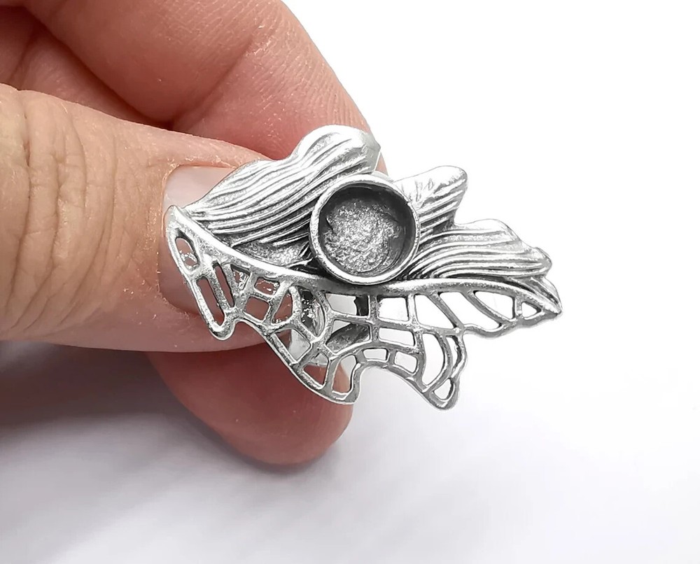 Leaf Leaves Silver Ring Setting Blank Cabochon Mounting Adjustable Base Bezel