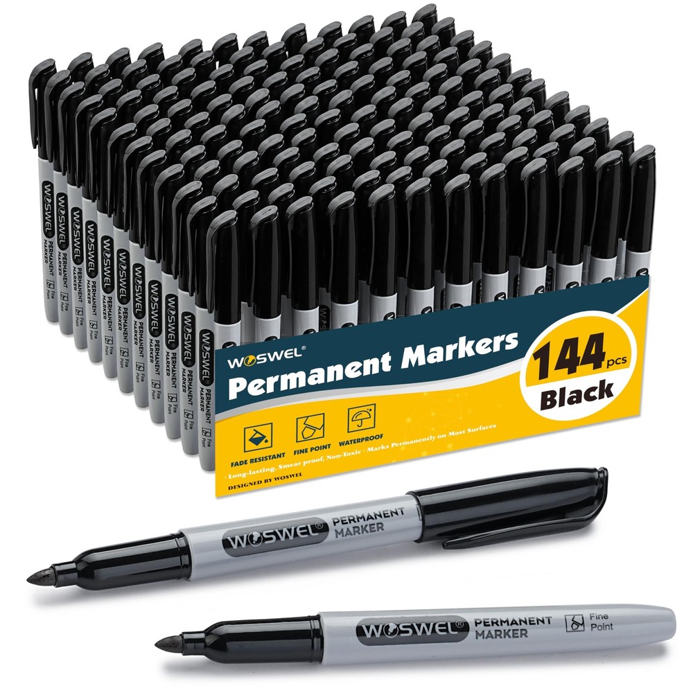 144 PCS Black Permanent Markers Fine Point Tip Bulk Quick Drying Smear Proof
