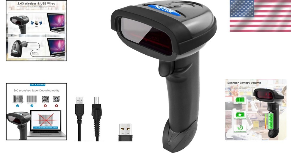 2-in-1 Wireless & USB Barcode Scanner - Rechargeable 1D Laser Reader (NT-1698W)