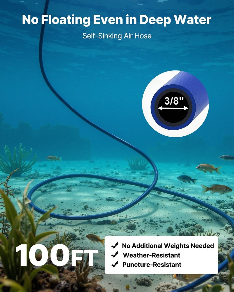 Deep Water Pond Aerator: 5.2CFM, 3/4HP Compressor, 2 Diffusers, 100ft Hoses