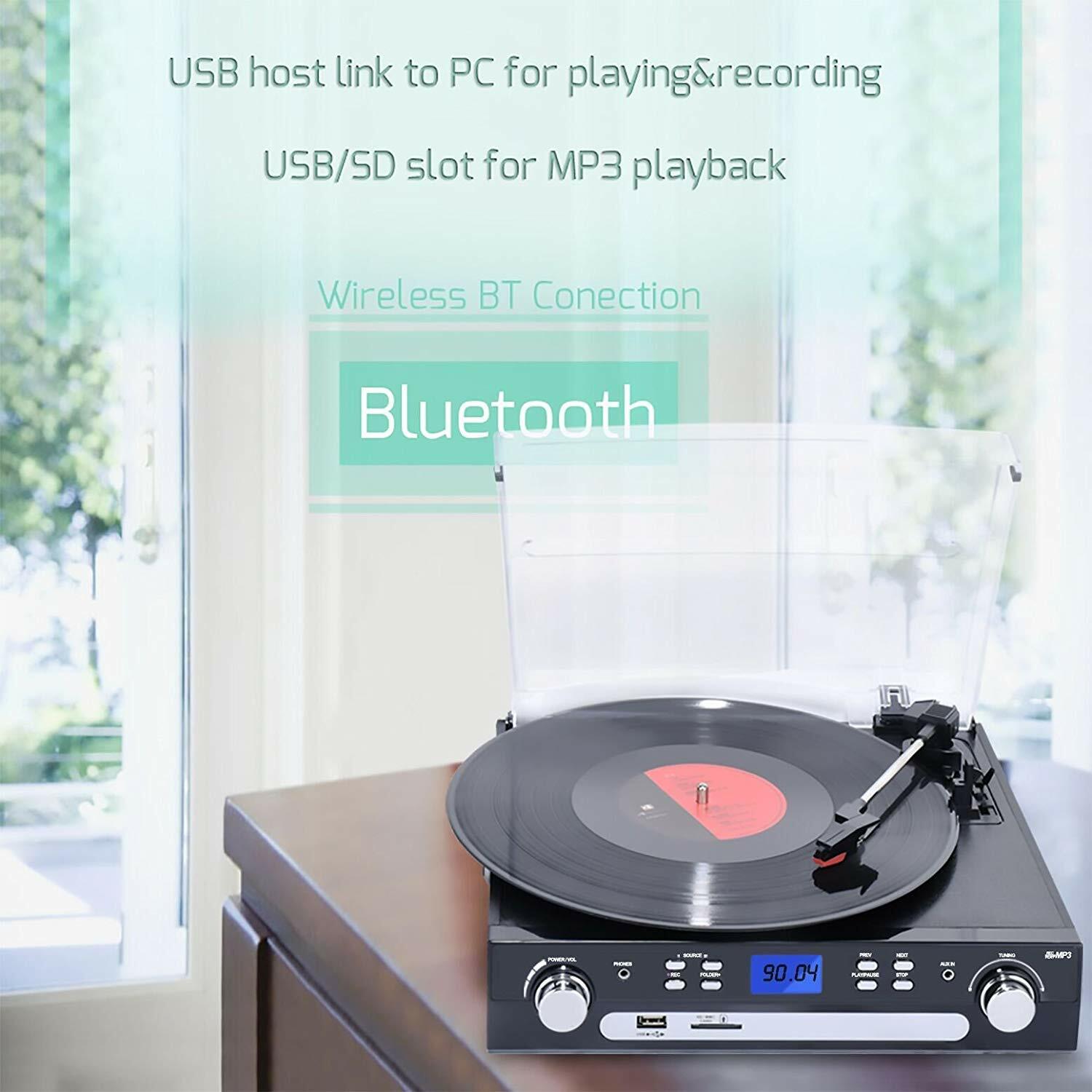 Bluetooth Record Player with Stereo Speakers Turntable for Vinyl to MP3