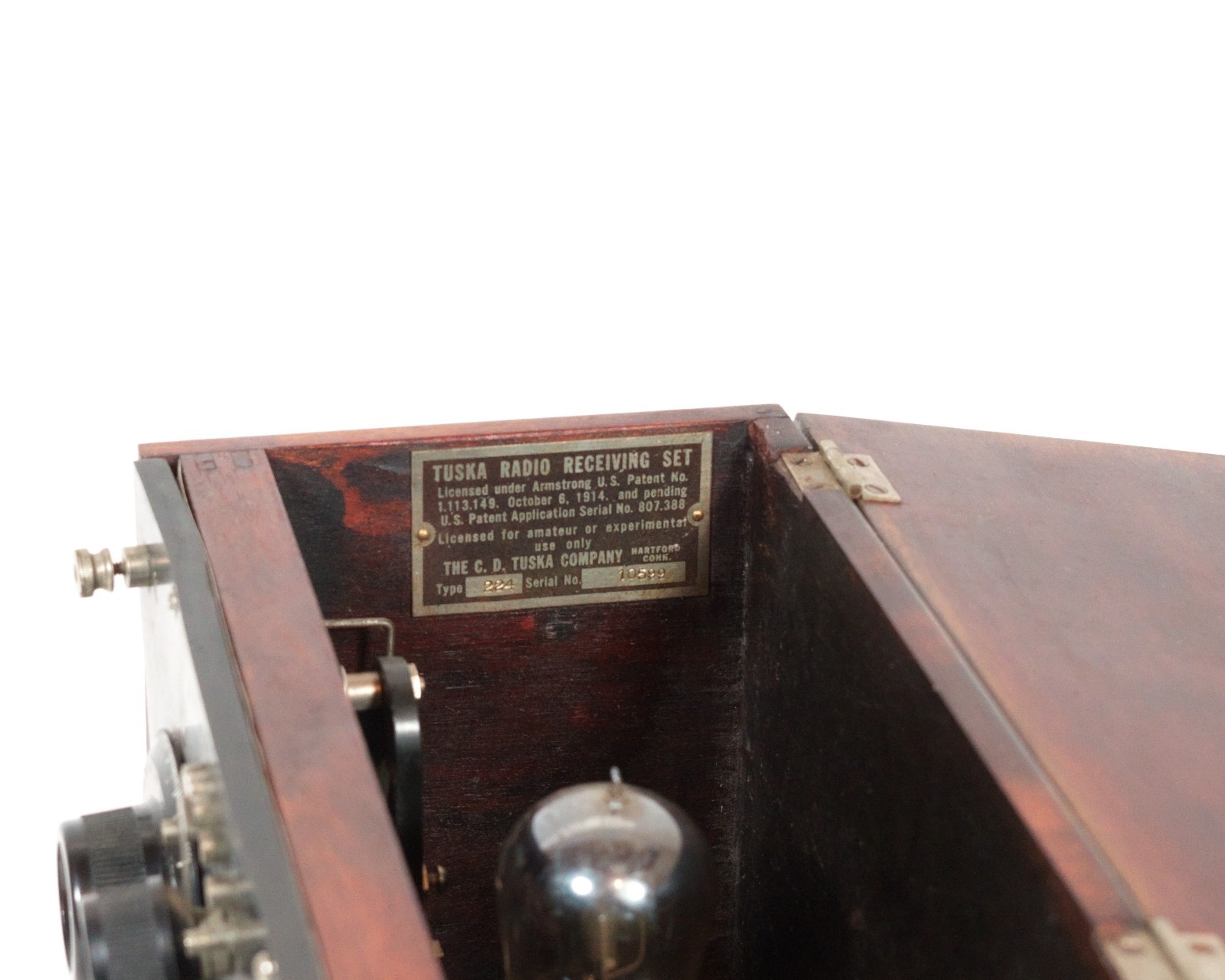 Excellent 1922 Tuska 224 Radio w/Kellogg Headset & Amber Glass 201 Tube * Works