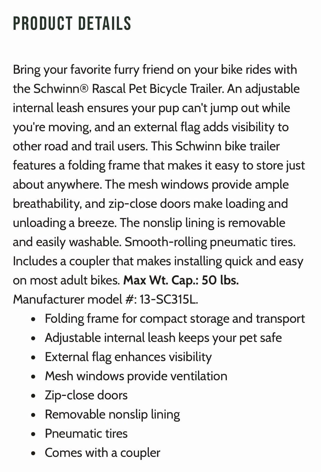 Schwinn Rascal Bicycle Trailer for Pets Outdoor Foldable Dog Trailer