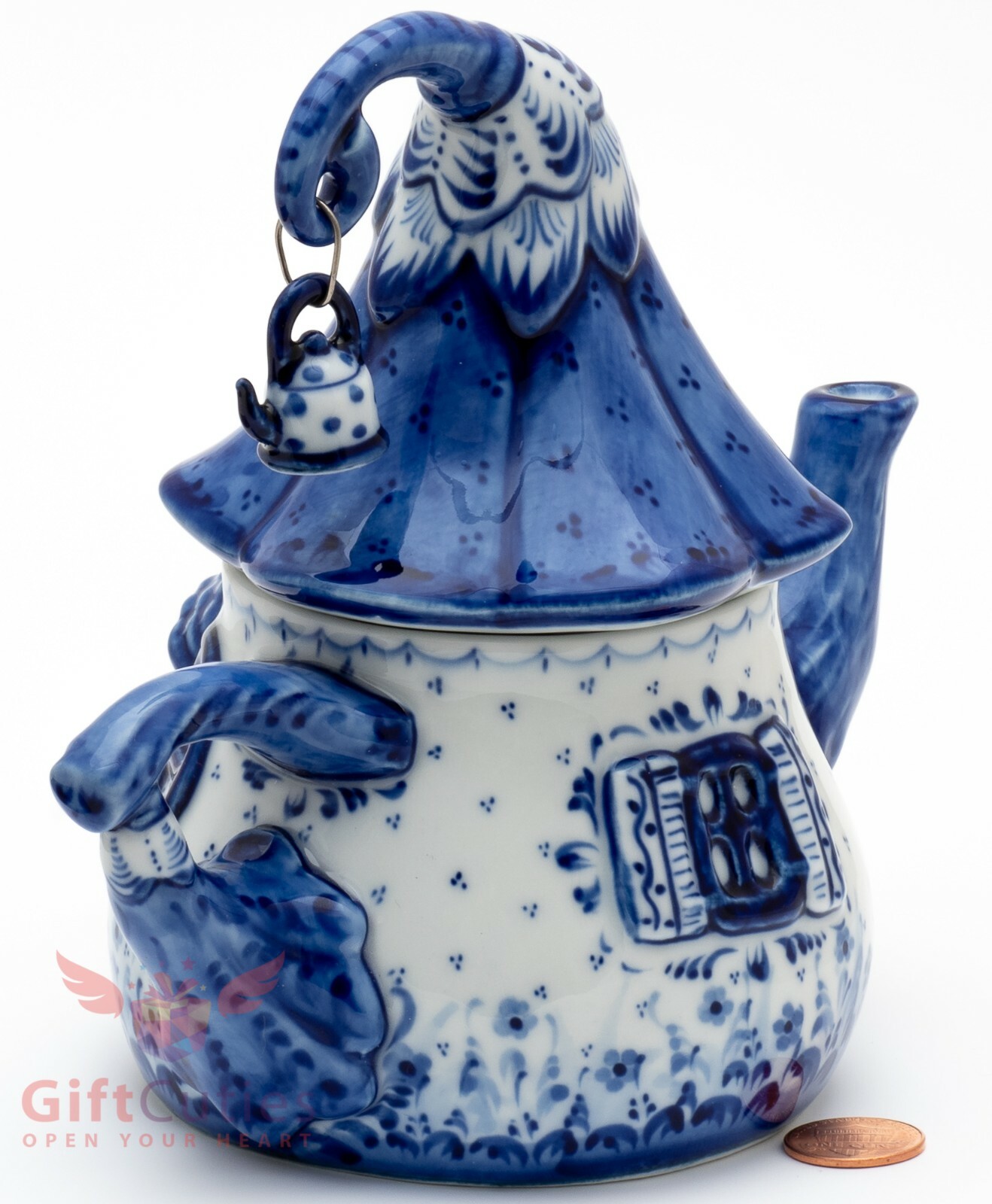 Porcelain Gzhel teapot in shape of a house souvenir handmade Гжель